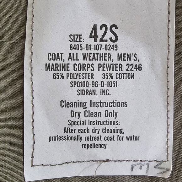 USMC All Weather Marine Trench Coat Sage Size 42S - Picture 8 of 9